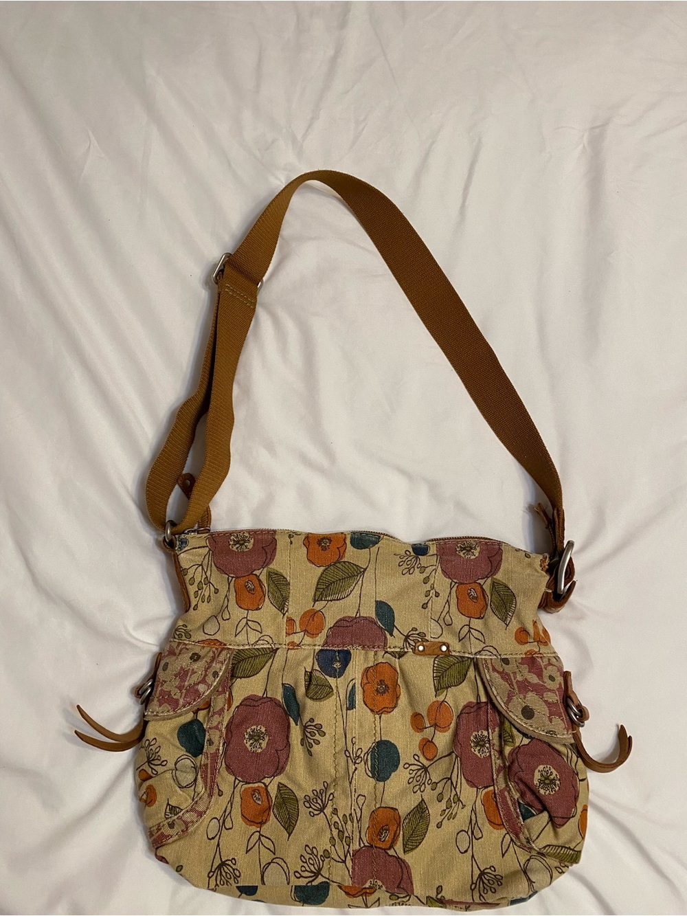 Fossil Vintage Floral Canvas Crossbody Bag in Tan and Rust